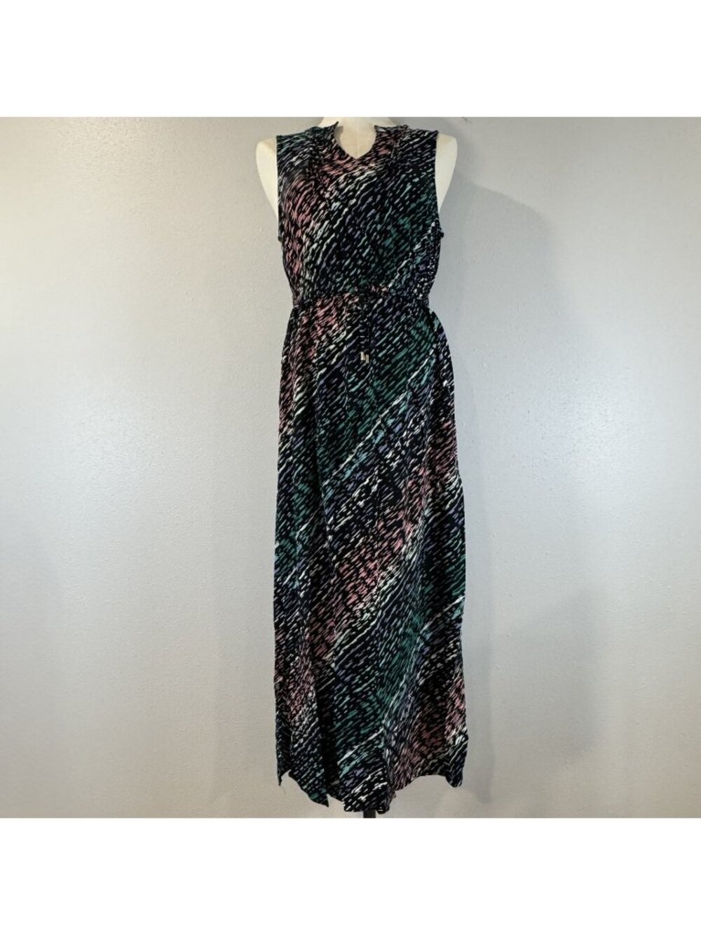 Apt. 9 Maxi Dress Womens Medium Black Abstract Sleeveless Drawstring Waist Slit